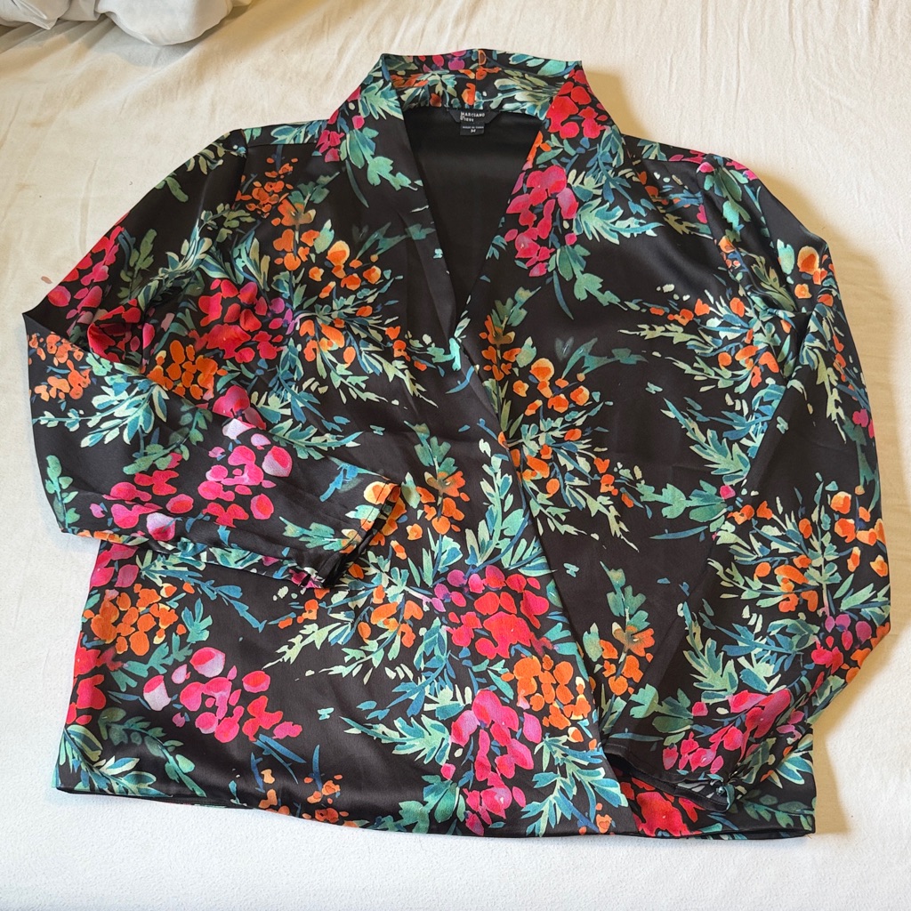 Floral Surplice Blouse - Black With Pink & Orange Floral Print